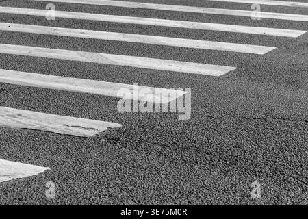 Monochrome closeup of a zebra crossing crosswalk with worn white stripes on textured asphalt, highlighting urban pattern, perspective, pedestrian safe Stock Photo