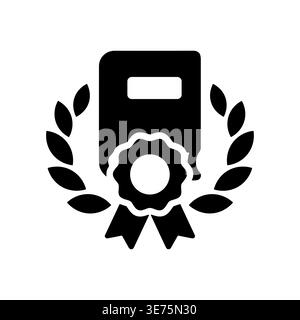 Black Silhouette of Book with Rosette and Laurel Wreath Icon Stock Vector