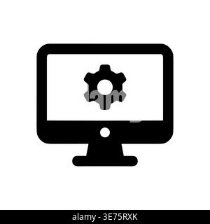 Computer screen with settings gear icon, system configuration black glyph Stock Vector