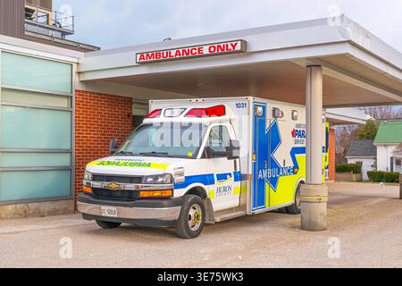 Paramedic  ambulance parked outside the Emergency Department at the hospital in Goderich Ontario.  April 9.2026. Stock Photo