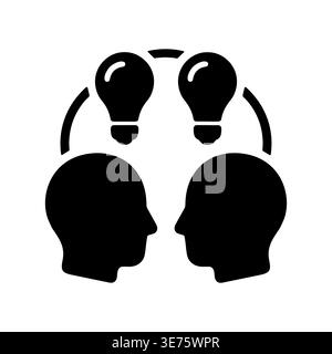 Brainstorming icon showing two heads and lightbulbs in black Stock Vector