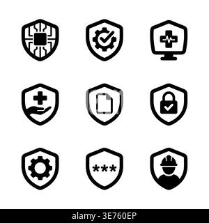 Security and protection icons set in shield shape, black glyph Stock Vector