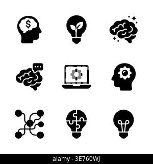 Set of creative thinking and brainstorming black glyph icons Stock Vector