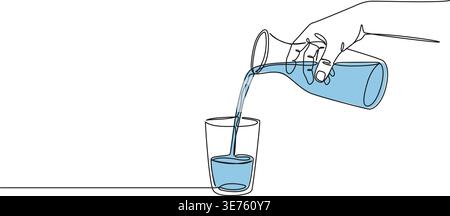 continuous line drawing of hand pouring water from carafe into drinking glass, line art vector illustration Stock Vector