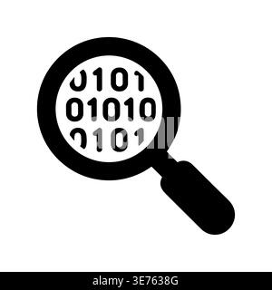 Black silhouette of magnifying glass analyzing binary code data Stock Vector