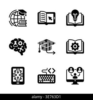 Online Education and E-Learning Glyph Icons Set, Modern Style Stock Vector