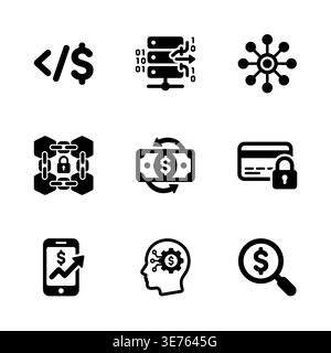 Collection of nine cryptocurrency and blockchain technology solid icons Stock Vector