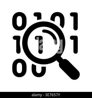 Magnifying glass analyzing binary code, data analysis vector icon Stock Vector