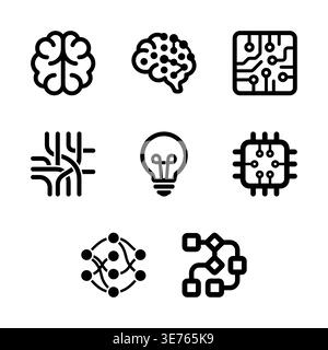 AI and Technology Icons Set in Minimalist Black Line Style Stock Vector