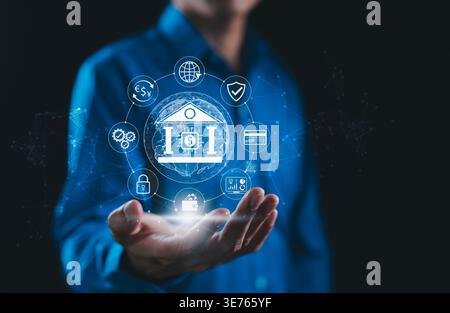 Digital Banking and Financial Technology Concept. Person presenting virtual banking, payment, security, analytics, global finance icons. secure Stock Photo