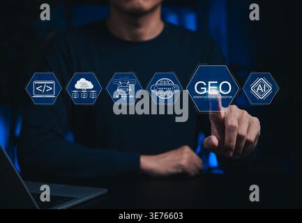 Generative Engine Optimization concept. Man touching GEO virtual icon for digital marketing strategy, artificial intelligence, AI search, cloud Stock Photo