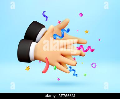 3D hands clapping with falling confetti Stock Vector
