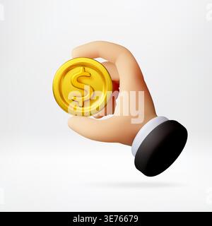 3D Cartoon hand holding gold dollar coin. Stock Vector