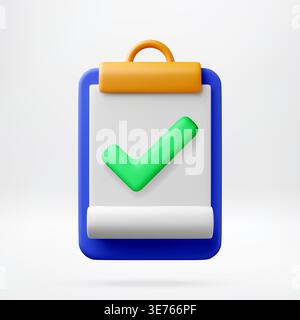 Clipboard with green checkmark as 3d icon. Stock Vector
