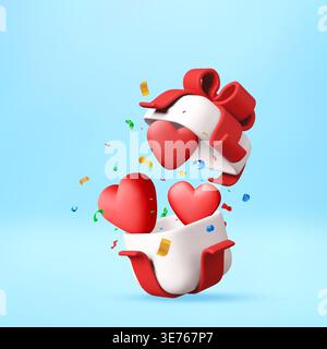 3D Open gift box with red hearts and confetti Stock Vector