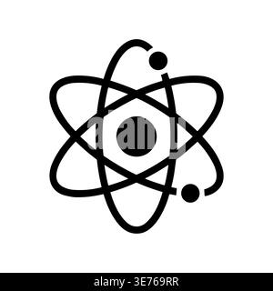 Simple black atom icon with electrons orbiting nucleus on white Stock Vector
