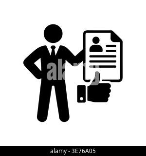 Black Silhouette of Man Holding Resume with Thumbs Up Hand Stock Vector