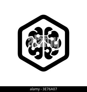 Artificial intelligence brain in hexagon shape black vector illustration Stock Vector