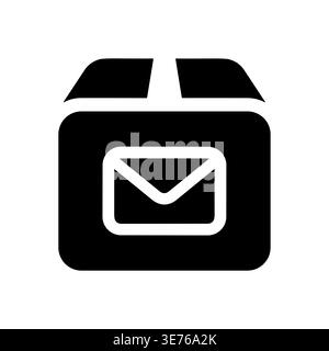 Black and white parcel box with mail icon, simple style Stock Vector