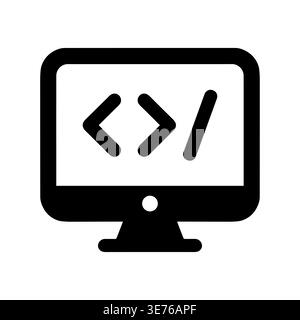 Computer screen showing coding symbols, software development icon, simple vector Stock Vector