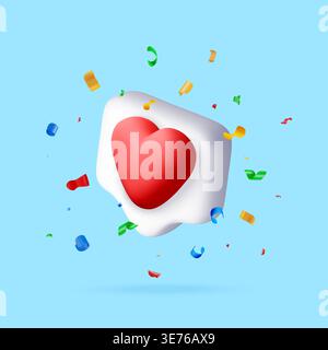3D heart notification with colorful confetti Stock Vector