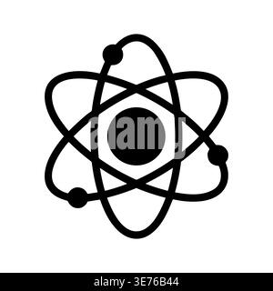 Simple black atom icon with orbiting electrons illustration graphic Stock Vector