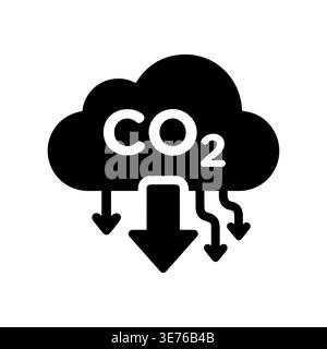 Black and white CO2 cloud emission reduction solid icon Stock Vector