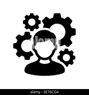 Person with Gears Icon Black Silhouette on White Background Stock Vector