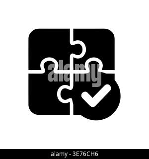 Puzzle pieces connected icon with checkmark, solution symbol, glyph style Stock Vector