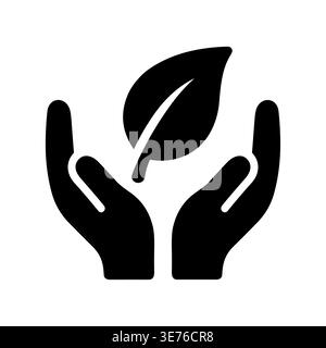 Hands holding a leaf, environmental protection, solid black glyph icon Stock Vector