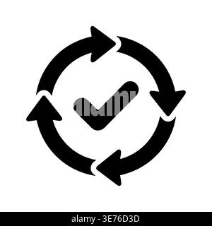 Black check mark inside circular arrows, process completion icon Stock Vector