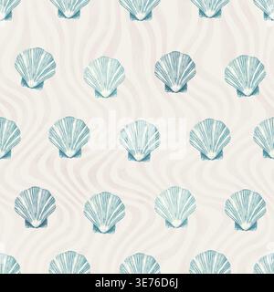 Seamless watercolor pattern with delicate seashells on soft wavy sand background. Light coastal aesthetic, calm neutral palette, perfect for fabric, w Stock Photo