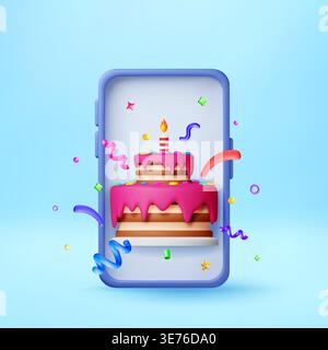3D Birthday cake with candle on smartphone screen Stock Vector