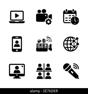 Set of black glyph icons related to online meeting Stock Vector
