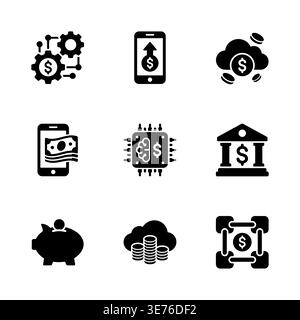 Set of Black glyph icons for digital finance and banking Stock Vector