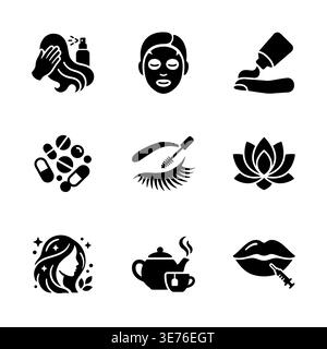 Set of black silhouette icons related to beauty and care. Stock Vector