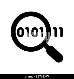 Magnifying glass analyzing binary code, searching for information, glyph icon Stock Vector