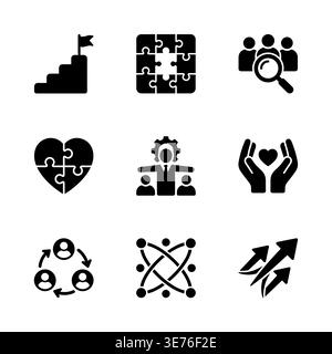 Business teamwork and cooperation black glyph icons set isolated Stock Vector
