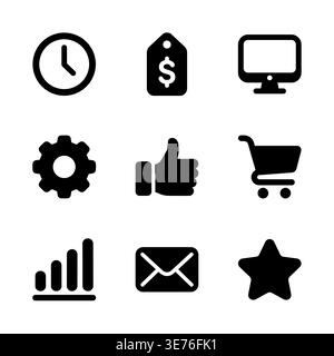 Set of nine basic solid black icons in square format Stock Vector