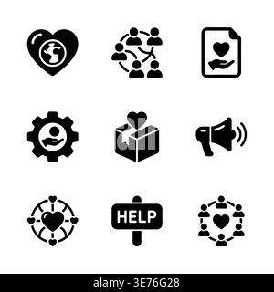 Charity and volunteering icon set vector solid black style Stock Vector