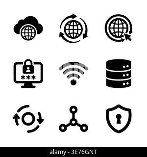 Set of black glyph icons related to internet and network Stock Vector