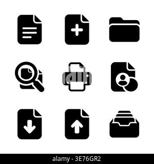 Collection of nine solid document and file icons set Stock Vector