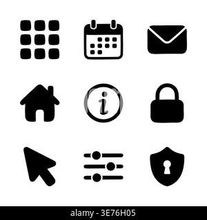 Simple Black and White Basic Icon Set for User Interface Stock Vector