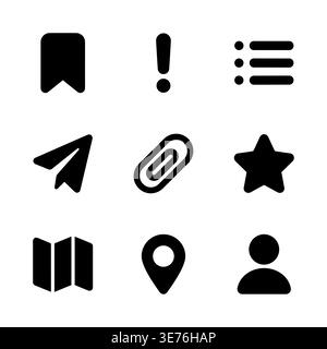 Set of Black Basic Icons Solid Style User Interface Stock Vector