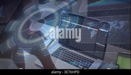Leaning woman in dark jacket analyzing laptop code at dim workstation, HUD overlays, copy space Stock Photo