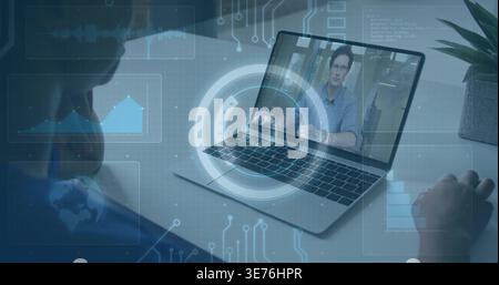 Watching presenter in light shirt on laptop using mouse at desk, plant, HUD overlays, copy space Stock Photo