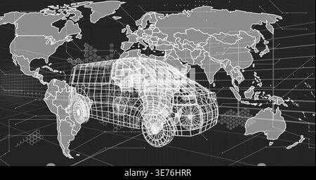 Rendering white wireframe cargo van model hovering in virtual 3D map UI, with hex node network Stock Photo