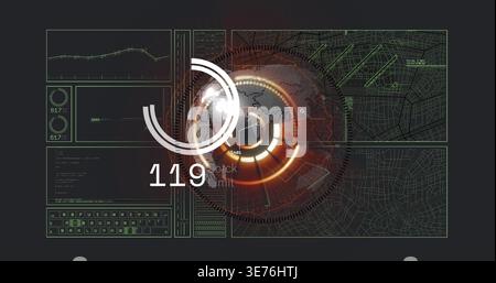 Rotating large glowing circular HUD projecting data on control panel, showing 119 and map grid Stock Photo