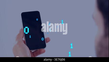 Holding smartphone showing cyan binary digits in studio, blurred face in dark top, copy space Stock Photo
