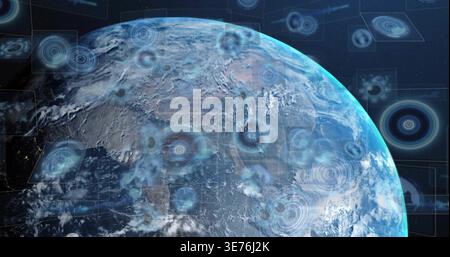 Displaying planet Earth rotating from orbit, with cloud bands, visible landmasses and HUD overlays Stock Photo